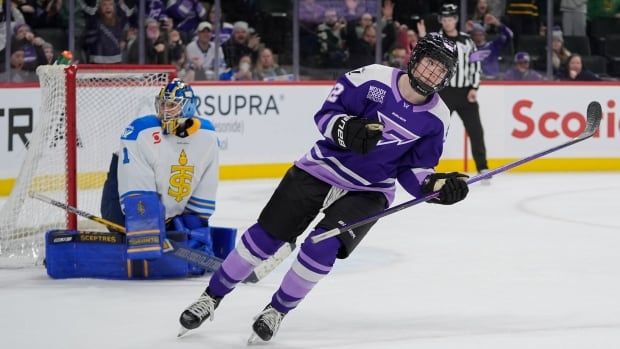 Minnesota Frost defender Claire Thompson (42) celebrates after scoring a goal past Toronto Sceptres goaltender Raygan Kirk (1) during a shootout of a PWHL hockey game Tuesday, Jan. 28, 2025, in St. Paul, Minn. (AP Photo/Abbie Parr)