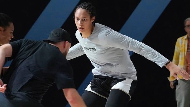 Phantom's Brittney Griner practices defensive plays early in the Unrivaled basketball season on January 16, 2025 in Medley, Florida.