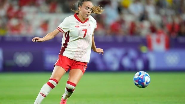 Canadian soccer player Julia Grosso participates during a women's Group A match against Colombia at the Paris Olympics on July 31, 2024 at Nice Stadium in France.