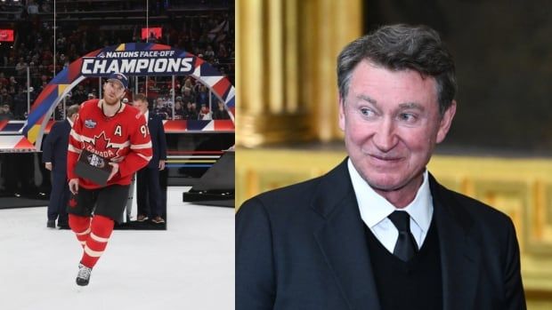 Photo composite of a Team Canada hockey player in a red jersey on the ice next to a photo of a white man in a navy suit