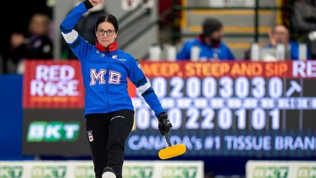 Skip Kerri Einarson celebrates her comeback win over fellow Manitoban Kate Cameron during Scotties Tournament of Hearts action in Thunder Bay, Ont., on February 18, 2025.