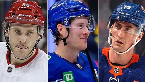 Composite photo of NHL forwards Mikko Rantanen of the Carolina Hurricanes, Brock Boeser of the Vancouver Canucks and Brock Nelson of the New York Islanders. 