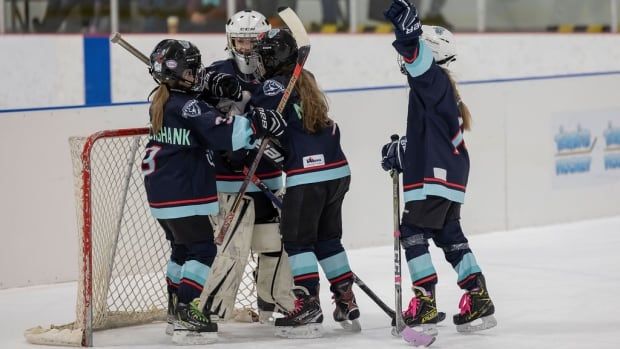 4 girls hugging in front of hockey net