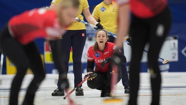 Canada skip Rachel Homan calls the sweep during a match against Sweden at the world women's curling championship in Uijeongbu, South Korea on March 16, 2025. 