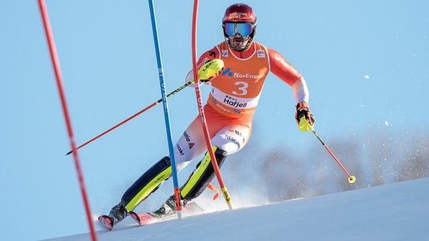 Swiss skier Loic Meillard in action during a men's slalom event in Hafjell, Norway on March 16, 2025. 