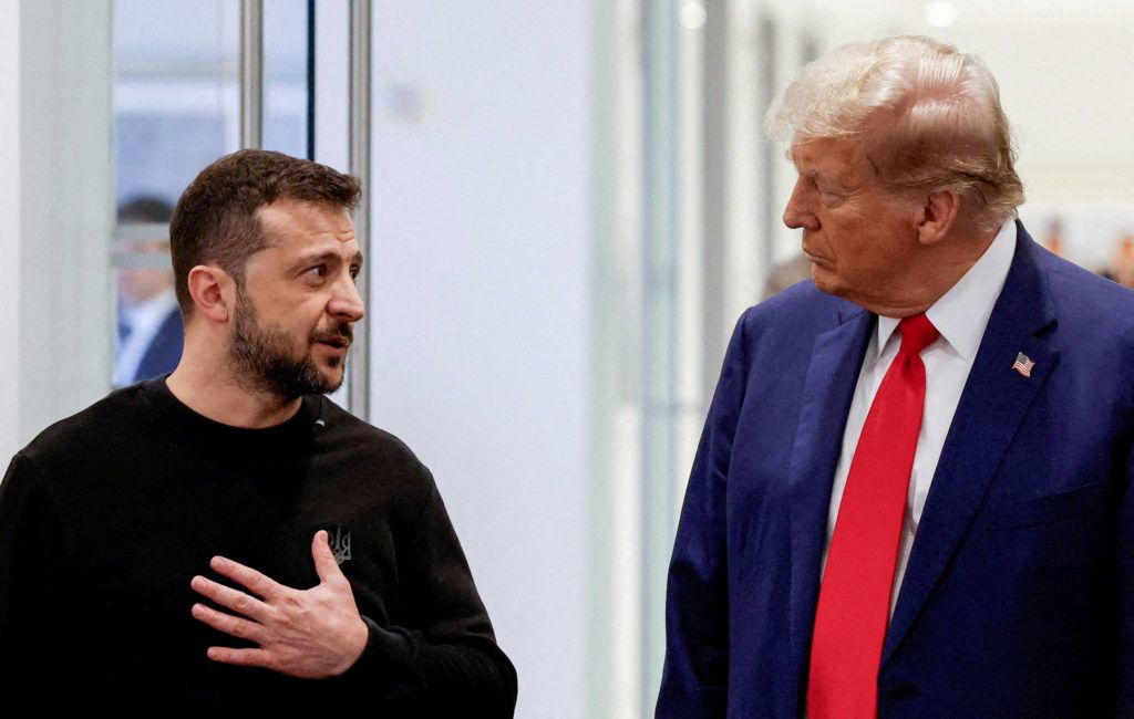 FILE PHOTO: Republican presidential nominee and former U.S. President Donald Trump and Ukraine’s President Volodymyr Zelenskiy meet in New York