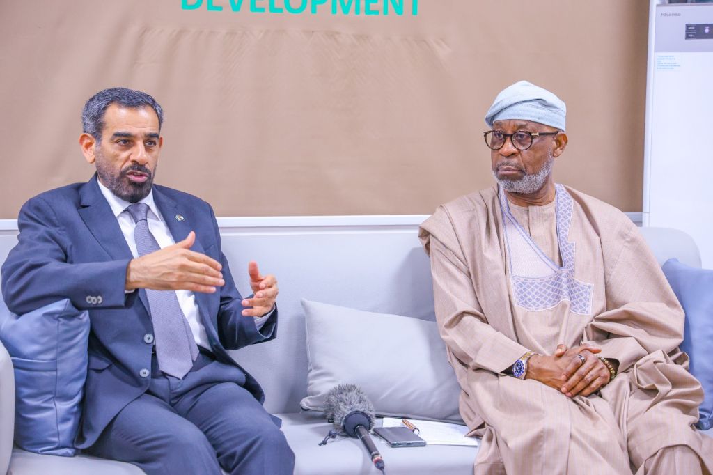 Minister of Solid Minerals Development, Dele Alake (Right) and the United Arab Emirates (UAE) Ambassador to Nigeria, Salem Shaeed Al-Shamsi, during a courtesy visit at the Ministry of Solid Minerals Development office in Abuja on 29 October.