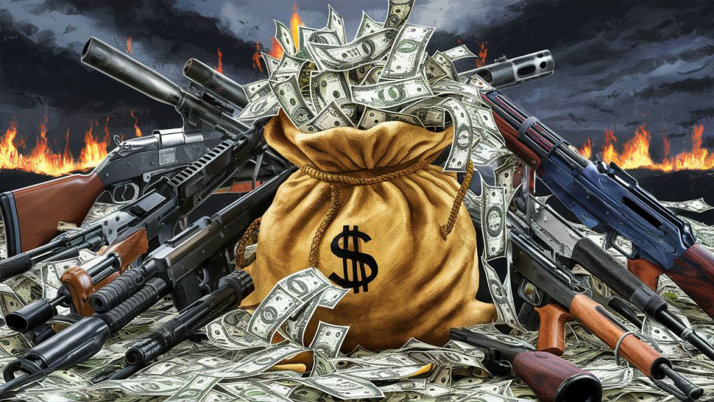 A Money bag filled with dollar bills, with an assortment of firearms [PHOTO CREDIT: ideogram generated]