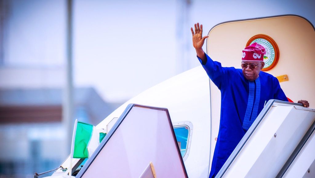 President Bola Tinubu boarding an airplane [PHOTO: TW @nosasemota]