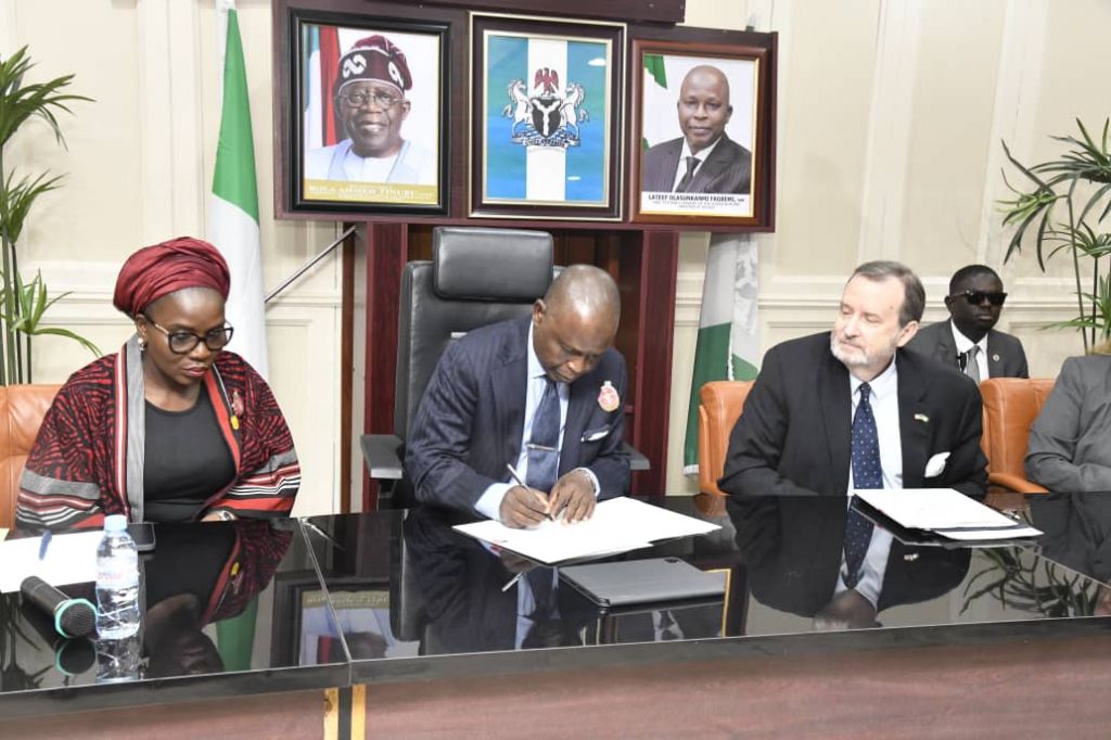 Left to right: Solicitor General and Permanent Secretary, Ministry of Justice, Beatrice Jeddy-Agba; Attorney General of the Federation and Minister of Justice, Lateef Fagbemi;; and US Ambassador to Nigeria, Richard Mills Jr., during the signing of the Assets Return Agreement between Nigeria and US on the repatriation of assets recovered from the former Nigerian Minister of Petroleum, Diezani Alison-Madueke, and her associates (The Galactica Assets). Photo SA Media to AGF.