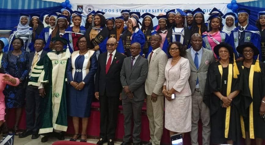 The University Management Staff, and all graduating students of Nursing Sciences, LASUCOM, during the induction ceremony