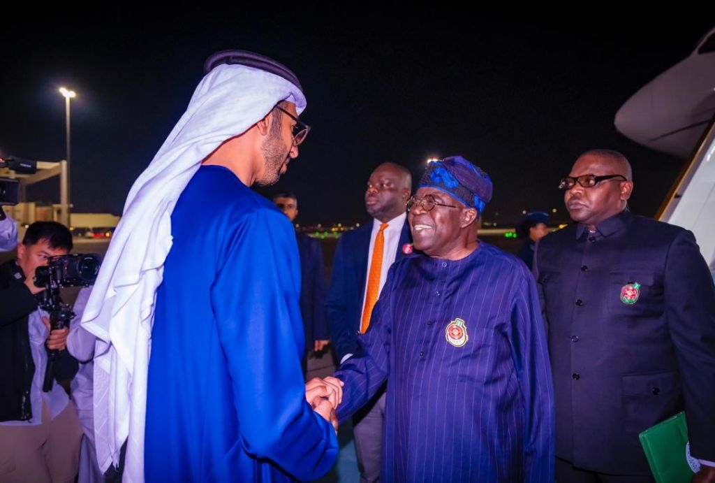 President Bola Tinubu arrives Abu Dhabi, United Arab Emirates, received by His Excellency Sheikh Shakhboot Nahyan Al Nahyan Cabinet Member and Minister of State in the Ministry of Foreign Affairs, UAE. January 12, 2025