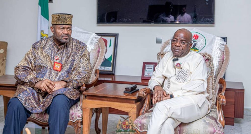 Gov Otti with the new President-General of Ohanaeze Ndigbo, John Azuta-Mbata Photo credit Abia Govt House