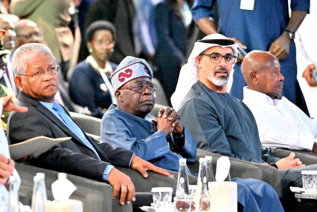 President of the Republic of Seychelles, Mr Wavel Ramkalawan, President Bola Ahmed Tinubu, Crown Prince of Abu Dhabi, Sheikh Khaled Bin Mohamed Zayed Al Nahyan, and President of Uganda, Yoweri Museveni, during the second day of Abu Dhabi Sustainability week Summit, 2025 at Abu Dhabi National Exhibition Center, on Wednesday, January 15, 2025