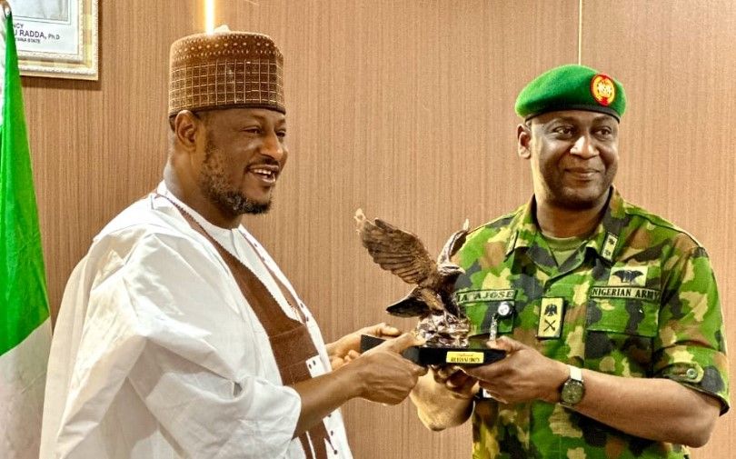 Governor Dikko Radda and the General Officer Commanding (GOC) 8 Division/Commander Joint Task Force Northwest Operation, Major-General Ibikunle Ademola Ajose, during the courtesy visit at the Government House, Katsina.