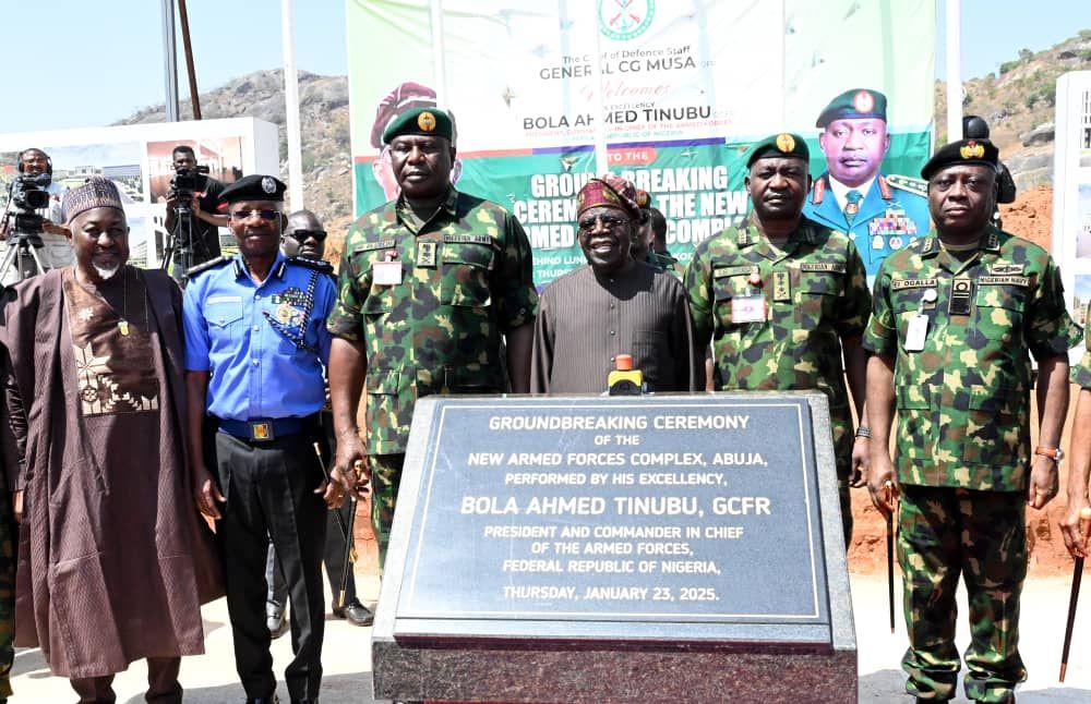 L-R: Minister of Defence, Mohammed Badaru; Inspector General of Police (IGP), Kayode Egbetokun; Chief of Army Staff, Lt. Gen. Olufemi Oluyede; President Bola Ahmed Tinubu; Chief of Defence Staff, Gen. Christopher Musa, and Chief of Naval Staff, Vice Admiral Emmanuel Ogalla, during the Ground Breaking Ceremony of the New Armed Forces Complex, held at the Behind Lungi Barracks Asokoro Abuja yesterday