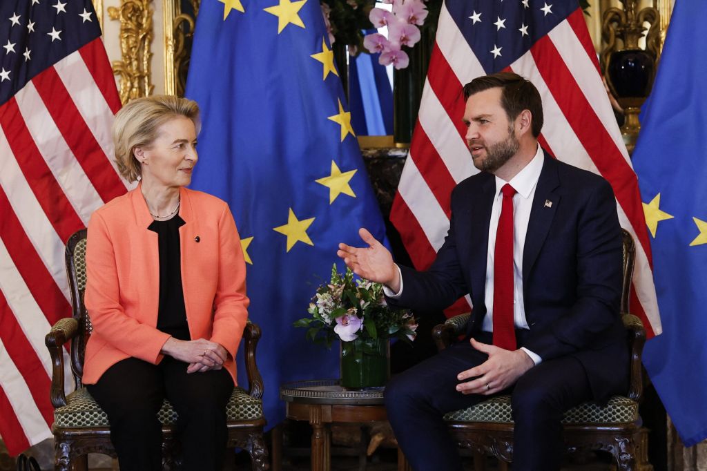 US Vice President JD Vance (R) exchanges remarks with President of the European Commission Ursula von der Leyen (L) during a bilateral meeting held at the Chief of Mission's residence at the US embassy†in†Paris on February 11, 2025. (Photo by Ian LANGSDON / AFP)