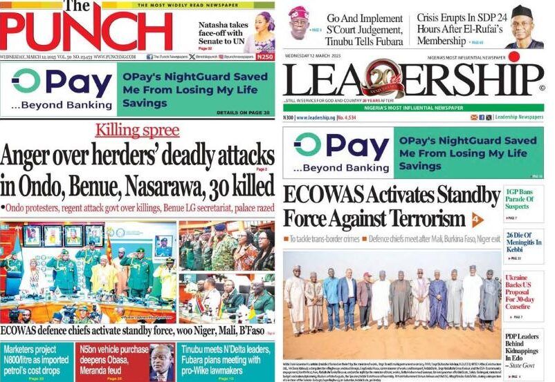 Inside Nigerian newspaper headlines today - Wednesday, 12 March 2025