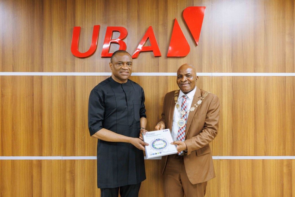 Group Managing Director/Chief Executive Officer (GMD/CEO) United Bank for Africa (UBA) Group, Oliver Alawuba; and the 60th (Diamond) President of the Institute of Chartered Accountants of Nigeria (ICAN), Chief Davidson C S Alaribe, FCA, during the courtesy visit by the ICAN President and his delegation to UBA GMD/CEO, in a meeting aimed at fostering collaboration and innovation at the UBA House in Lagos recently.