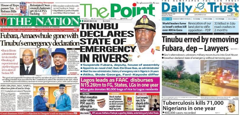 Inside Nigerian newspaper headlines today - Wednesday, 19 March 2025