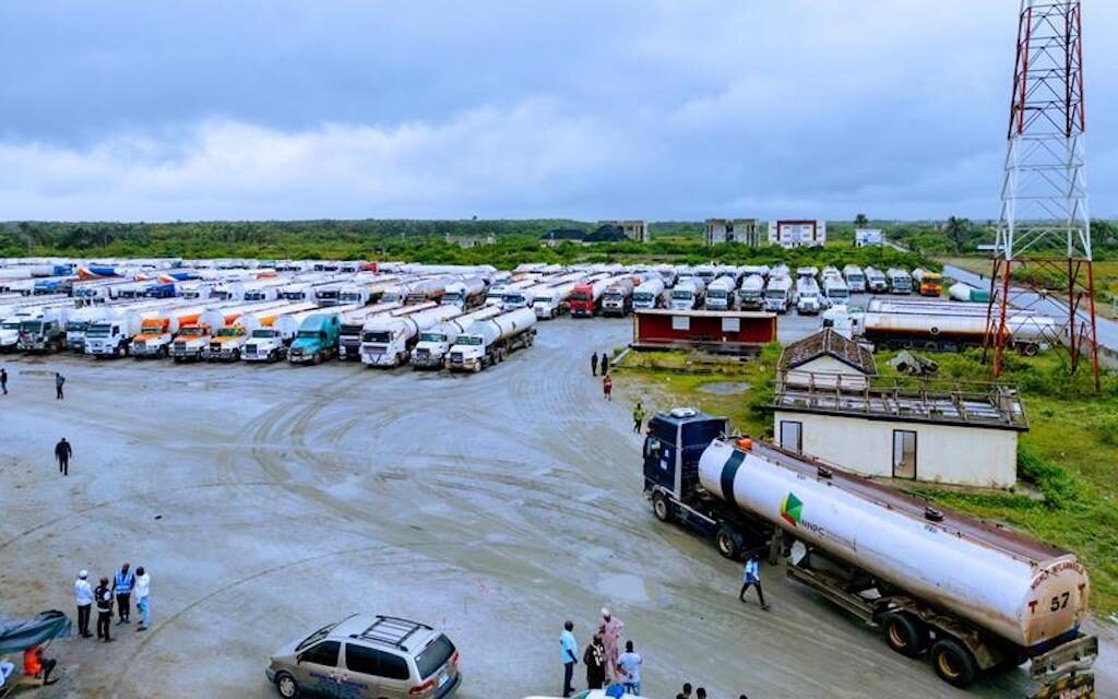 Tankers waiting to load fuel from Dangote Refinery.