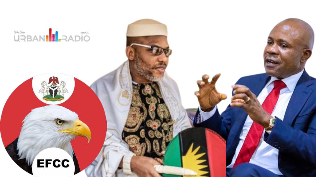 A collage of EFCC with Urban Radio logo Nnamdi Kanu and Peter Mbah