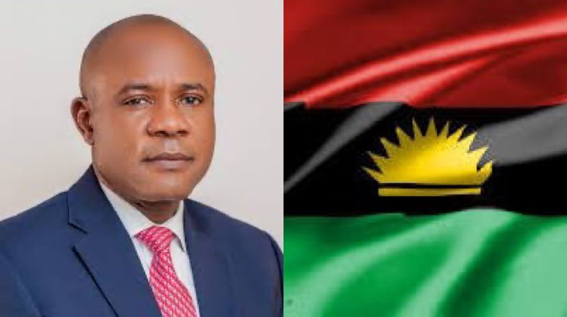 Photo collage of Peter Mbah and IPOB flag used to illustrate the story