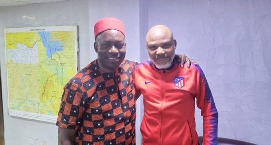 Nnamdi Kanu and Charles Soludo during a visit to the SSS facility