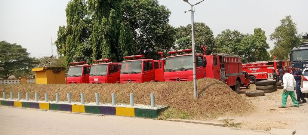 The recovered fire trucks parked at the police heaquarters, Uyo Photo credit Atuekong Paul Bassey Facebook page