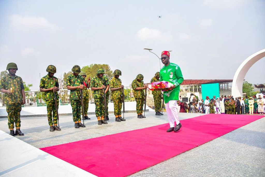 Gov Soludo laying wreath during 2025 Armed Forces Remembrance Day in Awka