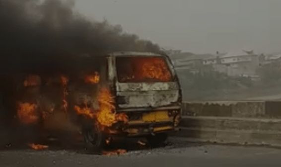 Incident scene of a bus on fire