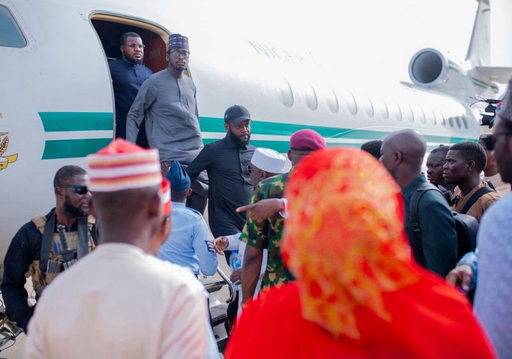 Seyi Tinubu emerging from Presidential jet in Kano on Sunday to witness the final polo cup tournament.