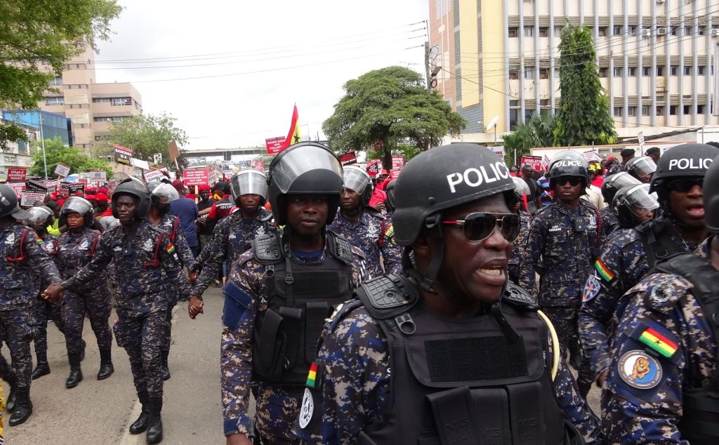 ACCRA, GHANA - OCTOBER 03: People hold placards as they gather to protest against the deteriorating economic conditions in the country and against the Bank of Ghana on October 3, 2023, in Accra, Ghana. (Photo by Kwame Adzaho Amenortor/Anadolu Agency via Getty Images)