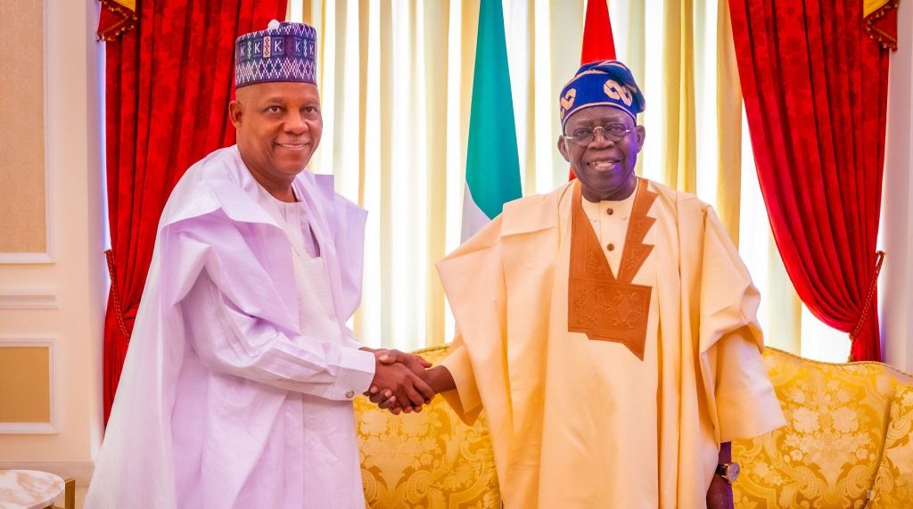 R-L: President Bola Ahmed Tinubu shaking hands with Vice President Kashim Shettima (PHOTO CREDIT: X @GovBorno | via https://x.com/GovBorno/status/1779461639332298875/photo/1)