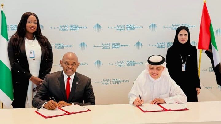 The Founder, Tony Elumelu Foundation, Tony O. Elumelu, and the Director General of the Khalifa Bin Zayed Al Nahyan Foundation, His Excellency Mohamed Haji Al Khoori, during the signing of USD6 million strategic partnership agreement between the two foundations to provide business training, mentorship and access to network and nonrefundable$5,000 seed capital to an additional 1000 young African entrepreneurs, at the World Governments Summit, in Dubai on Wednesday