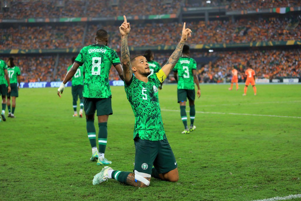 Captain Troost Ekong of the Super Eagles celebrate a goal with his teammates at AFCON 2023 (PHOTO CREDIT: XPage @NGSuperEagles)