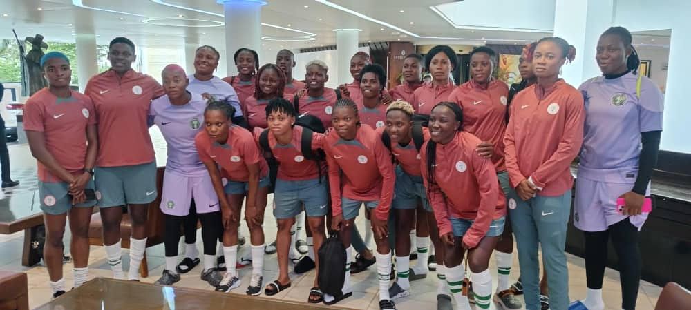 Super Falcons on their way to training at the Mobolaji Johnson Arena on Tuesday.