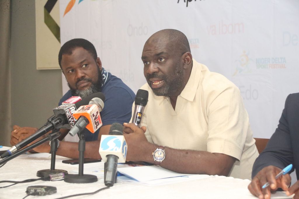 Itiako Ikpokpo, co-chairman Main Organising Committee of the Niger Delta Sports Festival (Middle) addressing journalists during the Media Launch over the weekend.