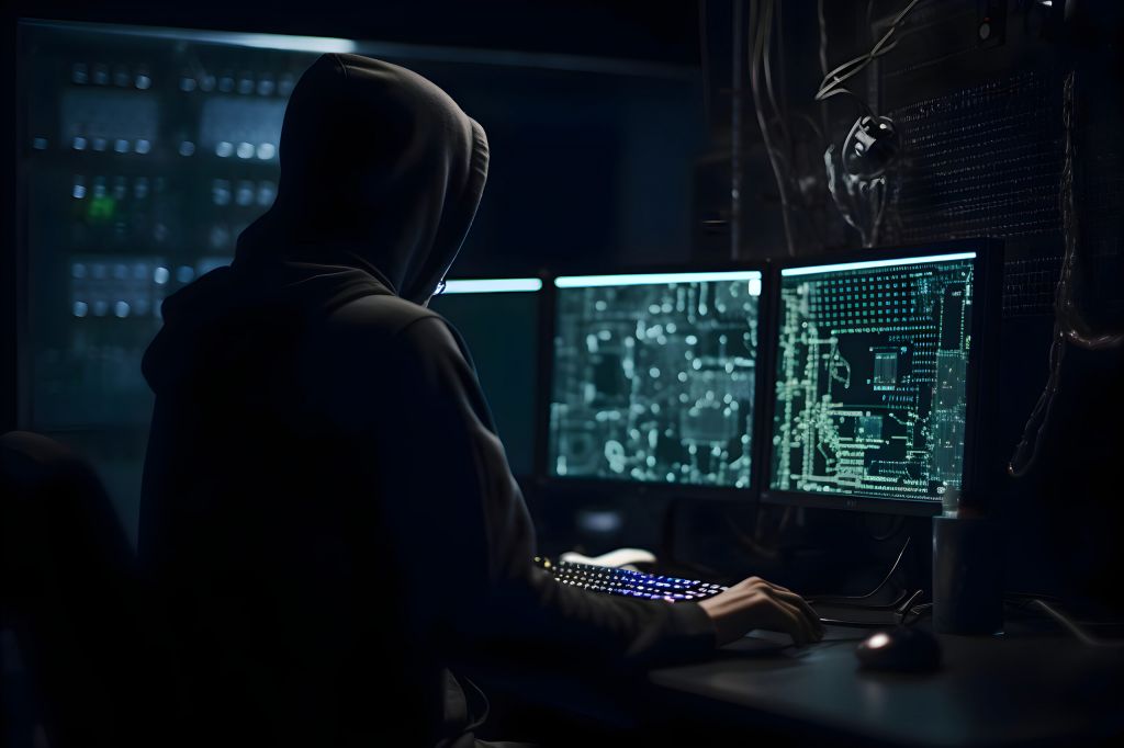 Hacker in hood stealing data from server room. Cybercrime concept