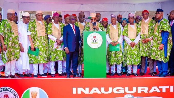 Vice President Kashim Shettima speaking at Governor Monday Okpebholo's inauguration on Tuesday, November 12. [Facebook]