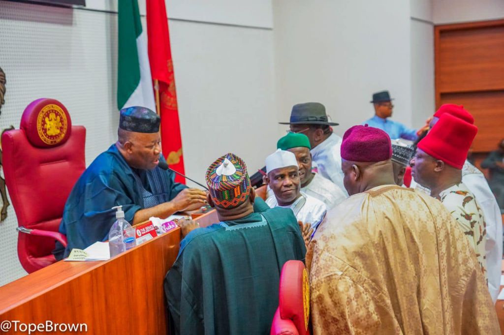 Nigerian senators with Senate President Godswill Akpabio (left) [Tope Brown]