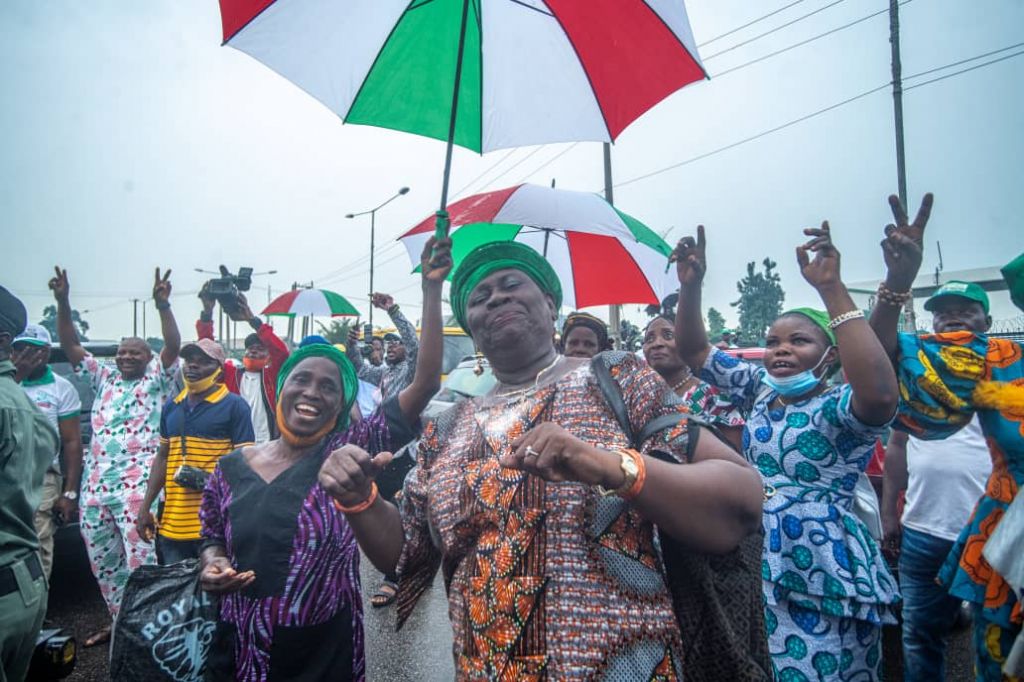 An illustrative photo of PDP supporters in a celebratory mood [Twitter/@GovernorObaseki]