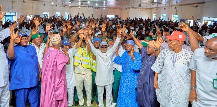 Gov. Aiyedatiwa in the midst of members and leaders of the NURTW [NAN]