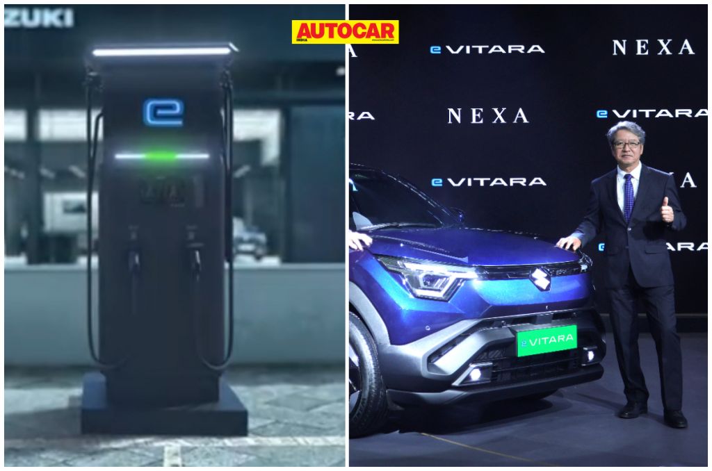 DC fast chargers at Nexa dealerships (left) and Maruti Suzuki MD & CEO Hisashi Takeuchi with the e Vitara (right).