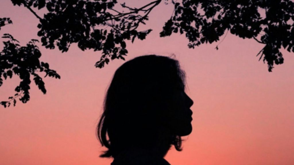 Silhouette of a woman's face in profile against a pink sky