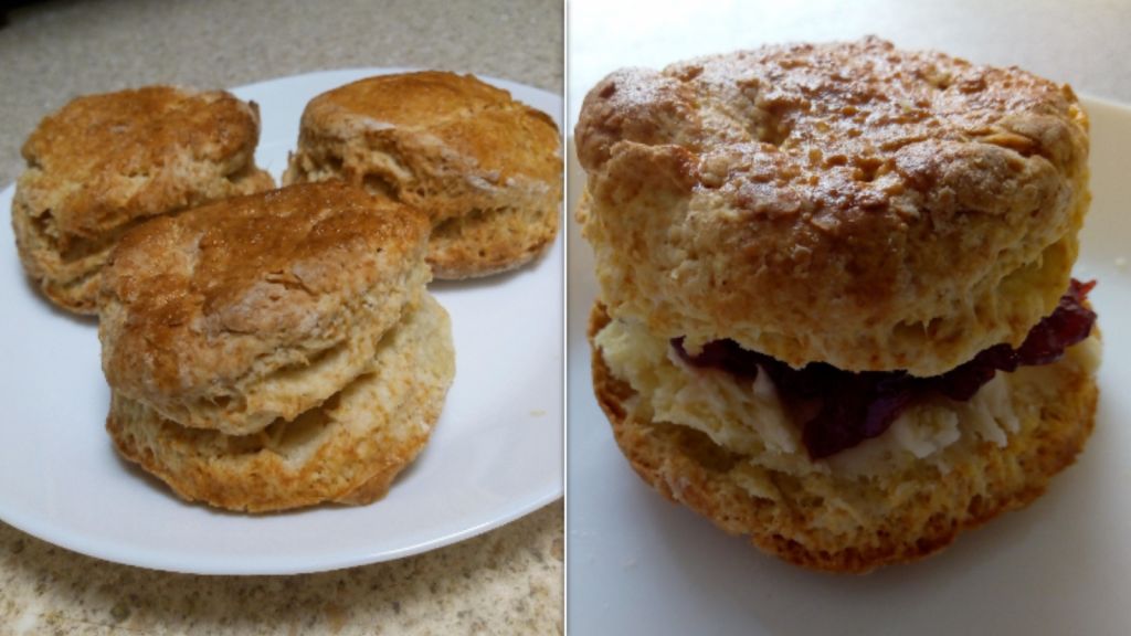 Flaky, tall, fluffy scones on the right; one of them filled with cream and jam (in that order!) on the right