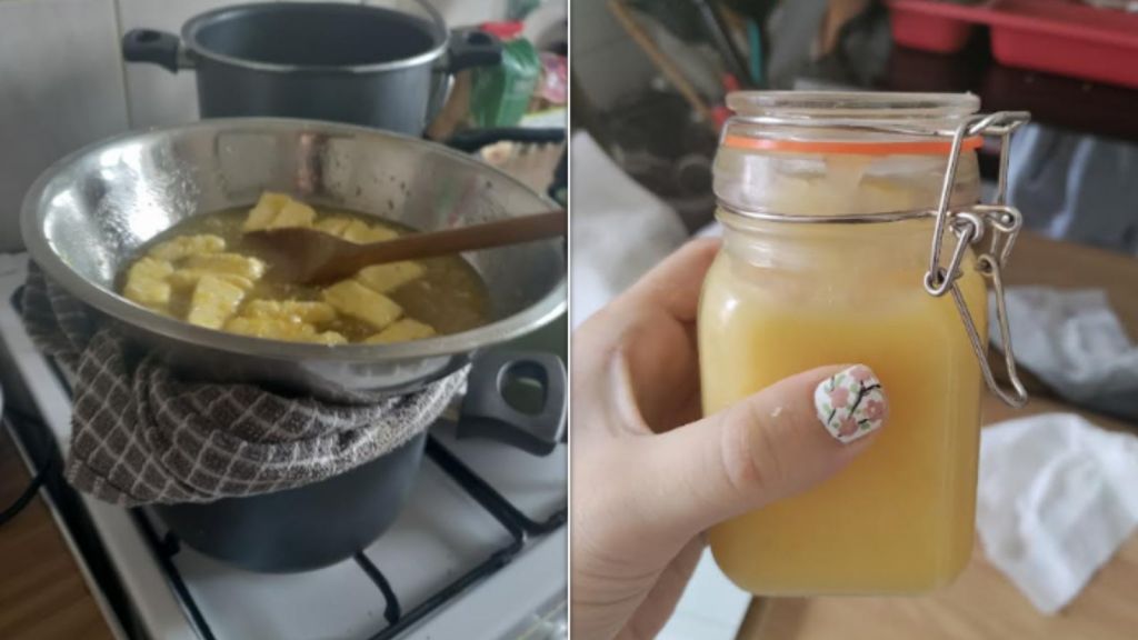 Lemon curd cooking (left) and the end result (right).