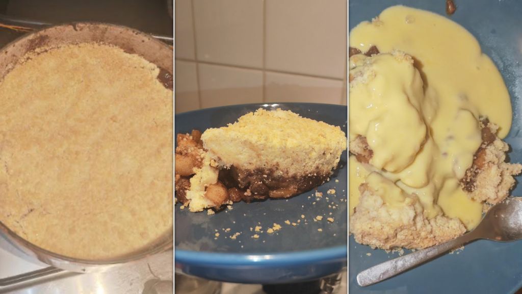 A whole cooked crumble on the left: a cold slice of it showing thick topping in the middle: a hot portion with custard on the right