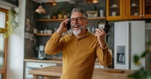 Man dancing in the kitchen while on hold