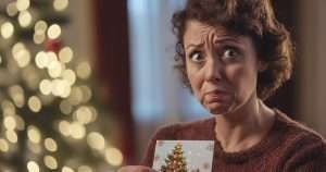 Worried woman holding a Christmas card